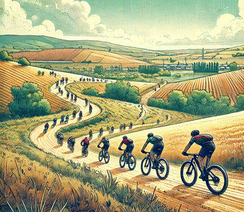 Ilustración de ciclistas recorriendo el paisaje rural de Villa de Fuentelespino de Haro durante la 6ª Edición de la Marcha MTB, con caminos de tierra, colinas y campos abiertos.